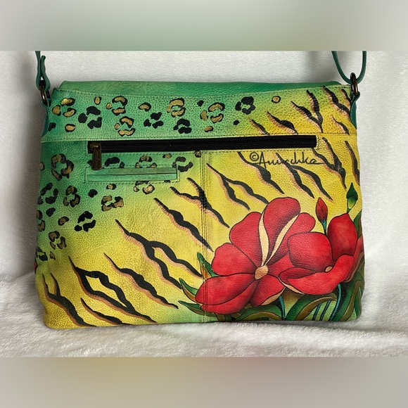 Anuschka hand-painted leather flap-over crossbody purse floral animal print - Picture 3 of 15